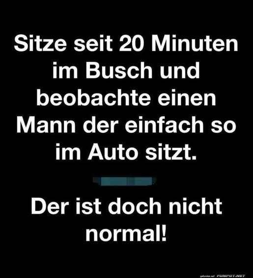 Sitze seit 20 Minuten - im Busch und
beobachte einen
Mann der einfach so
im Auto sitzt.
Der ist doch nicht
normal!
